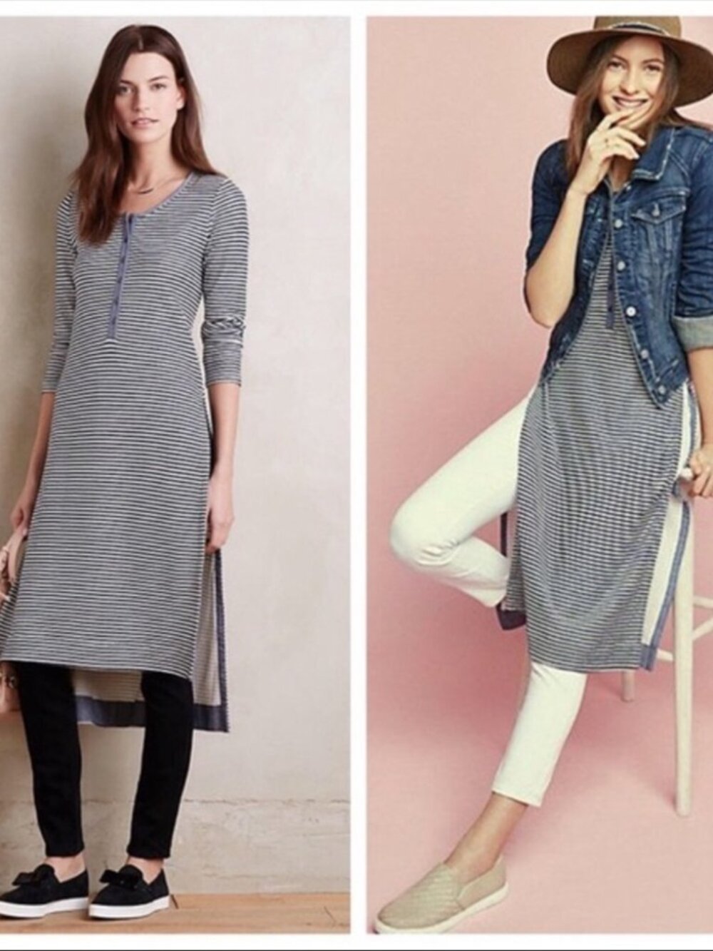 Anthropologie Postmark Navy Blue Striped High Slit Henley Tunic Top Midi Dress